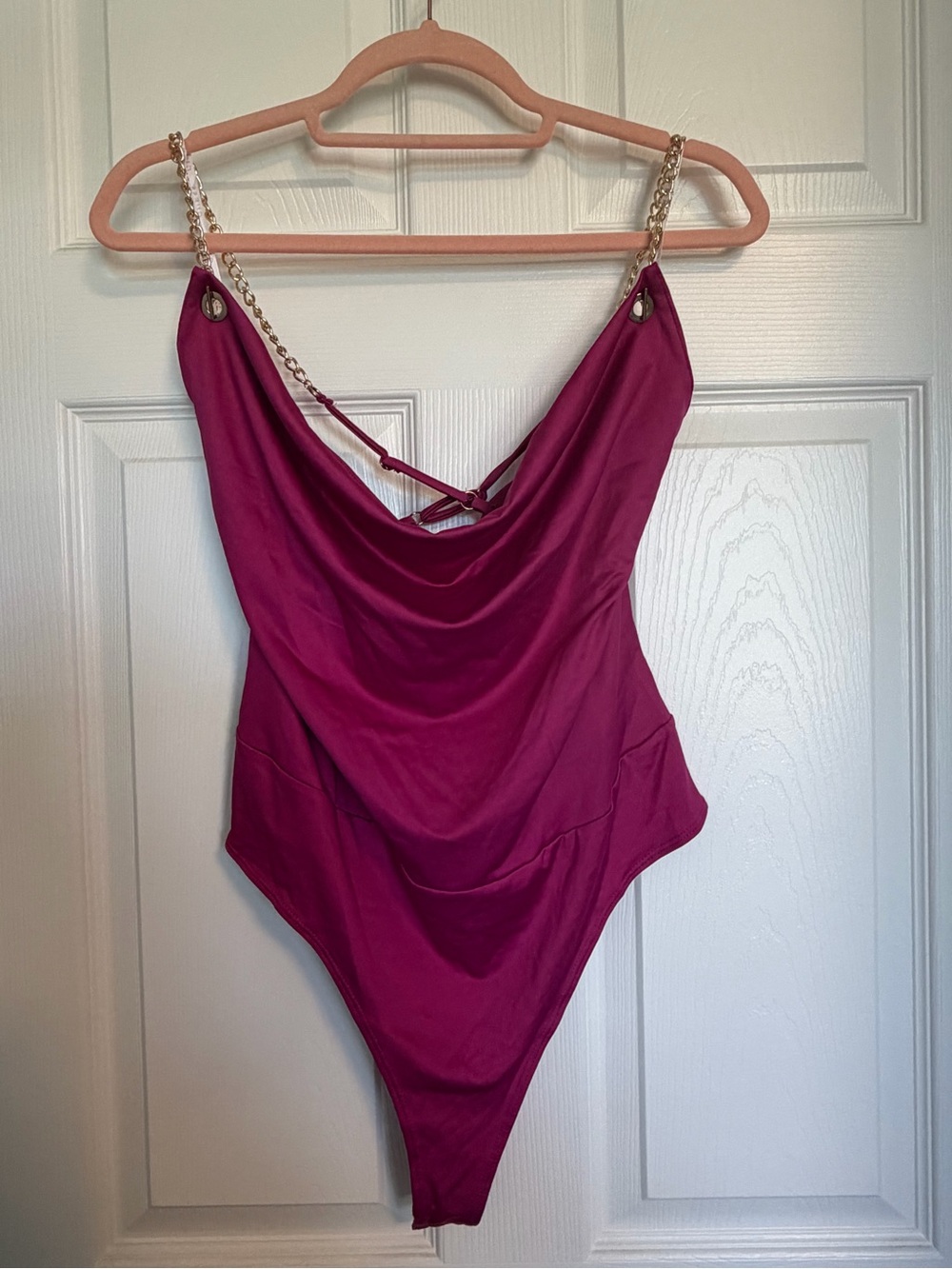 Guess Magenta Chain Strap Cowl Neck Bodysuit